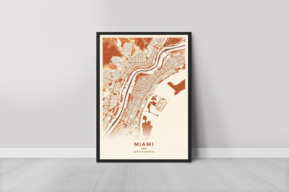 Miami Map Art Print Minimalist Terracotta Line Work