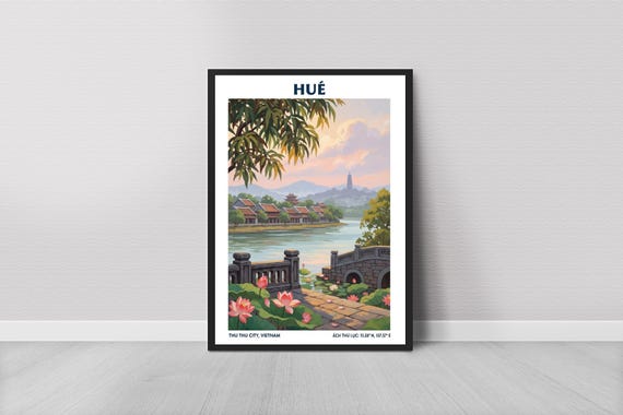 Hue Vietnam Travel Poster Riverside Bridge Art Print