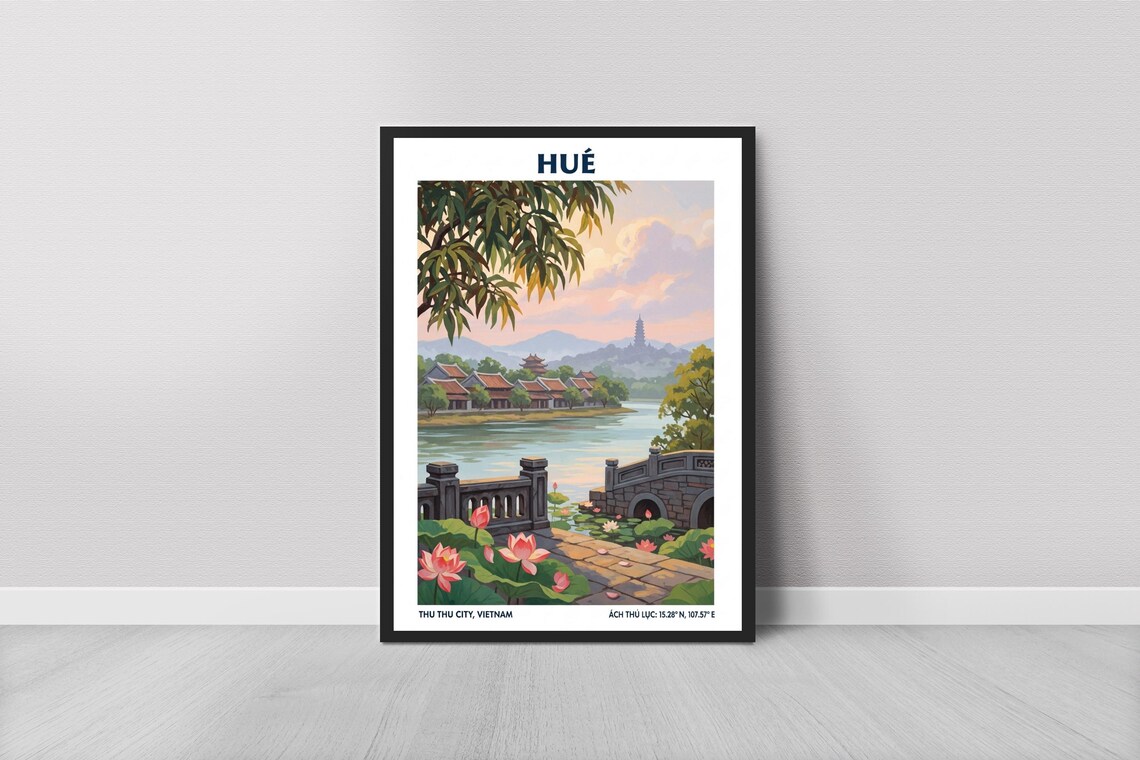 Hue Vietnam Travel Poster With Riverside Bridge And Lotus Flowers