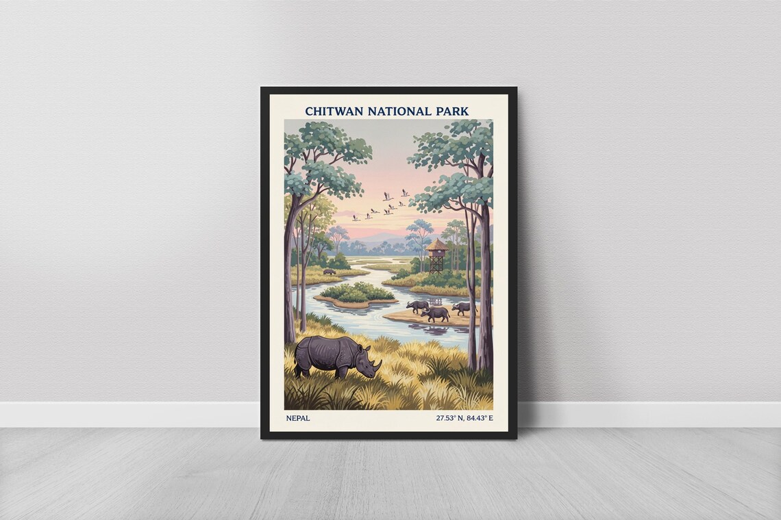 Chitwan National Park Nepal Rhino Safari Vintage Travel Poster