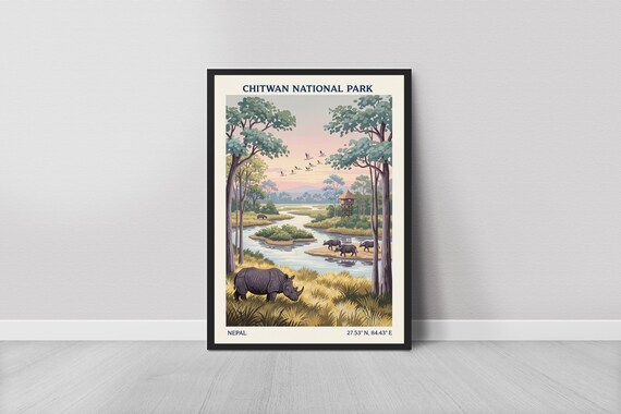 Chitwan National Park Nepal Rhino Safari Vintage Travel Poster