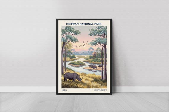 Chitwan National Park Poster Vintage Travel Art Print Green And Cream Tones