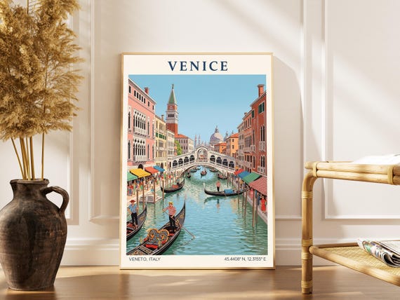 Vintage Venice Travel Poster Gouache Italian Cityscape Art Print