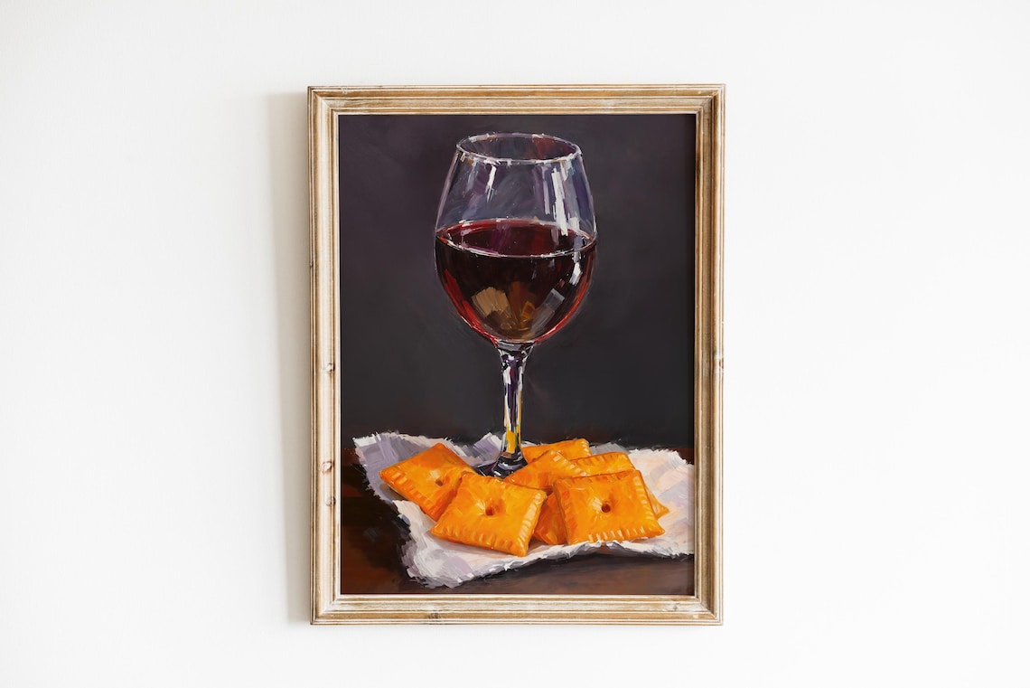 Red Wine And Cheese Crackers Funny Still Life Art Print