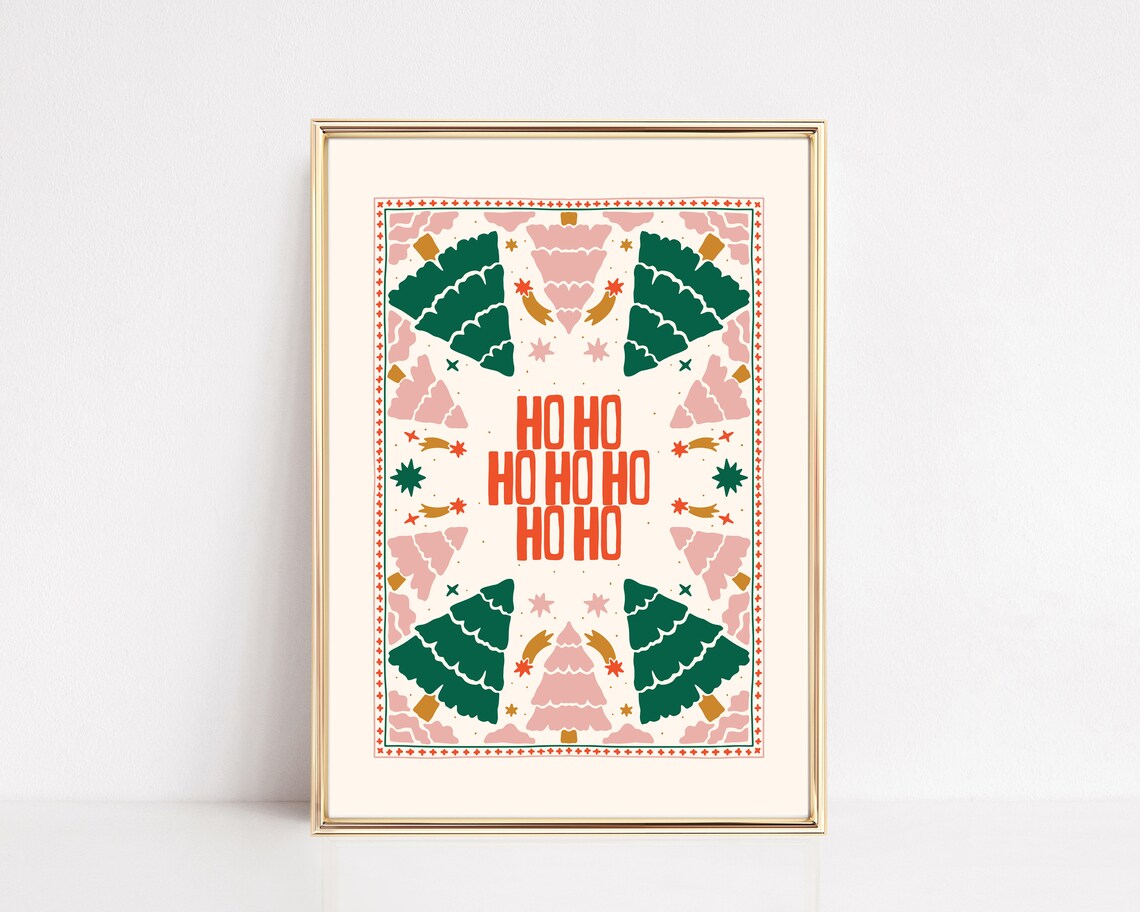 Ho Ho Ho Folk Art Christmas Trees And Stars Festive Holiday Poster