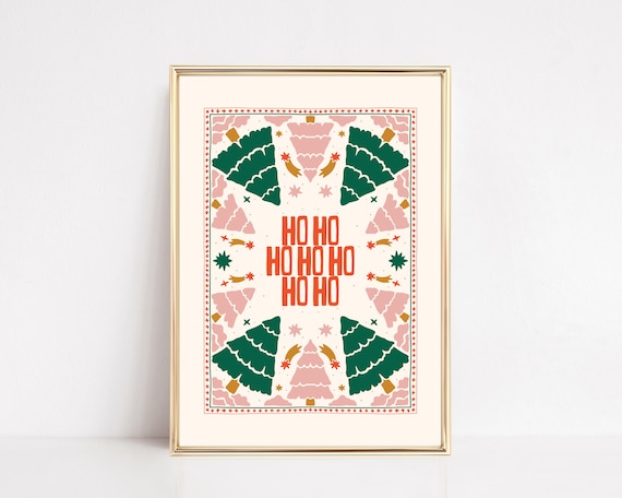 Ho Ho Ho Folk Art Christmas Trees And Stars Festive Holiday Poster