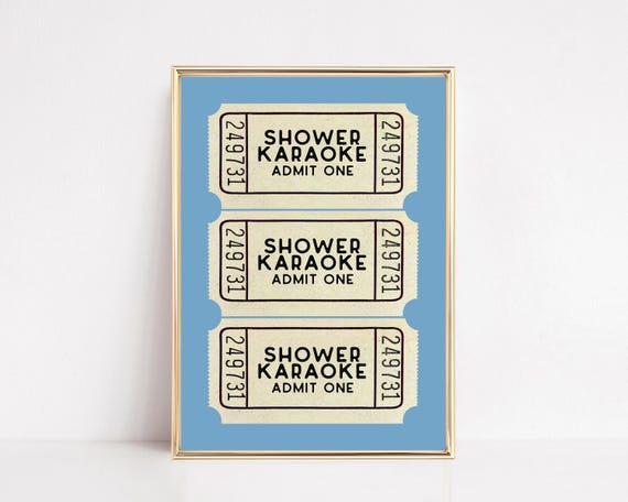 Shower Karaoke Print Sky Blue Bathroom Wall Art Retro Ticket Print Funny Bathroom Decor Bathroom Art Kikiandnim Print