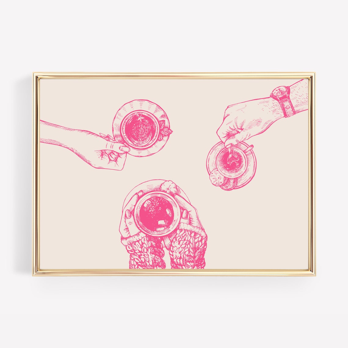 Pink Coffee Cups Line Art Cozy Coffee Bar Kitchen Art Poster