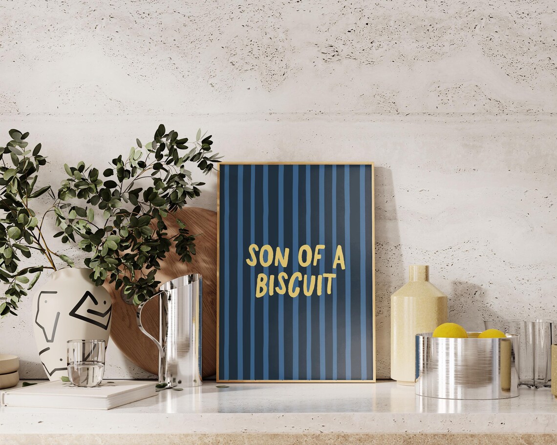 Son Of A Biscuit Funny Navy Striped Maximalist Kitchen Quote Wall Art