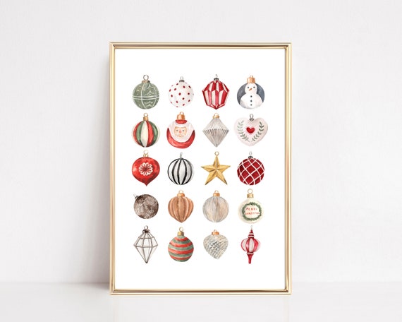 Christmas Ornaments Art Print, Classic Holiday Decor