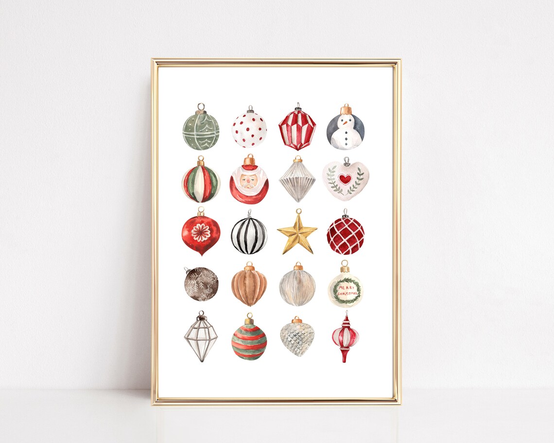 Christmas Ornaments Art Print, Classic Holiday Decor