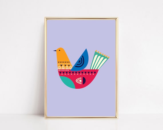 Colorful Folk Art Bird On Lavender Scandinavian Style Poster