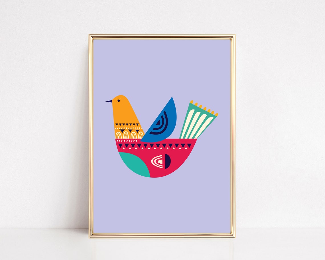 Colorful Folk Art Bird On Lavender Scandinavian Style Poster