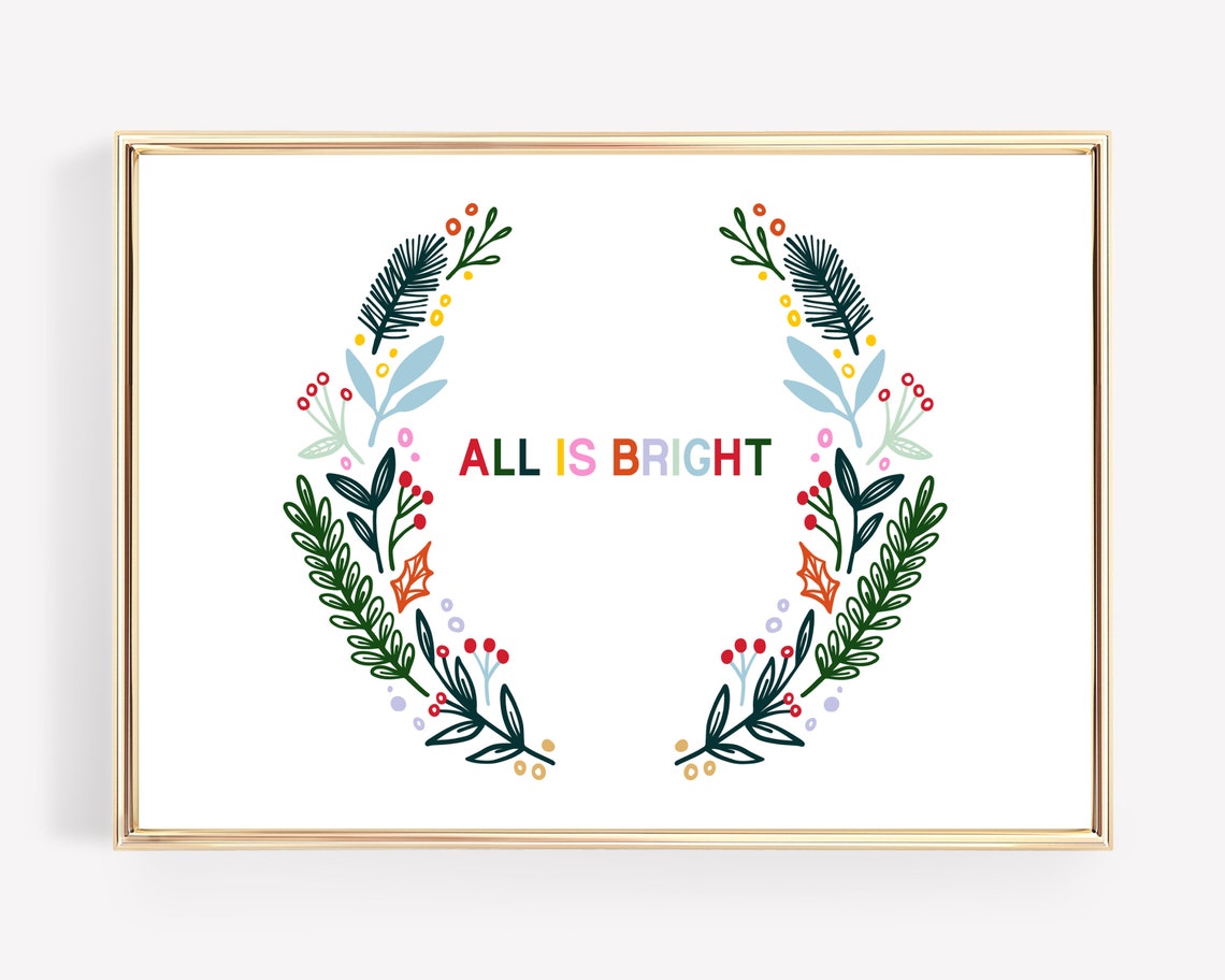 All Is Bright Rainbow Botanical Christmas Wreath Decor Wall Art