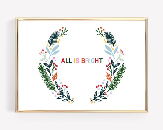 All Is Bright Rainbow Botanical Christmas Wreath Decor Wall Art