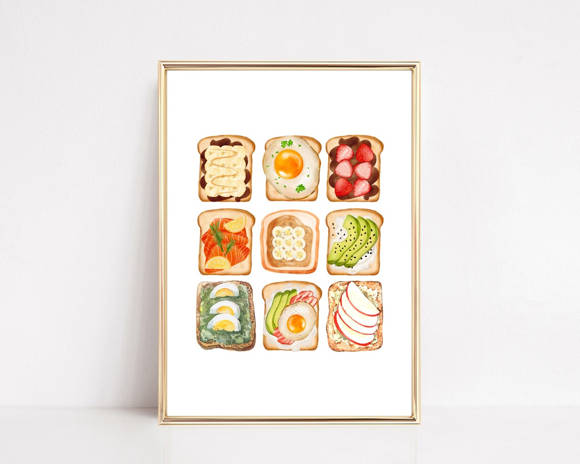 Watercolor Toast Grid Avocado Egg Salmon Breakfast Art Print