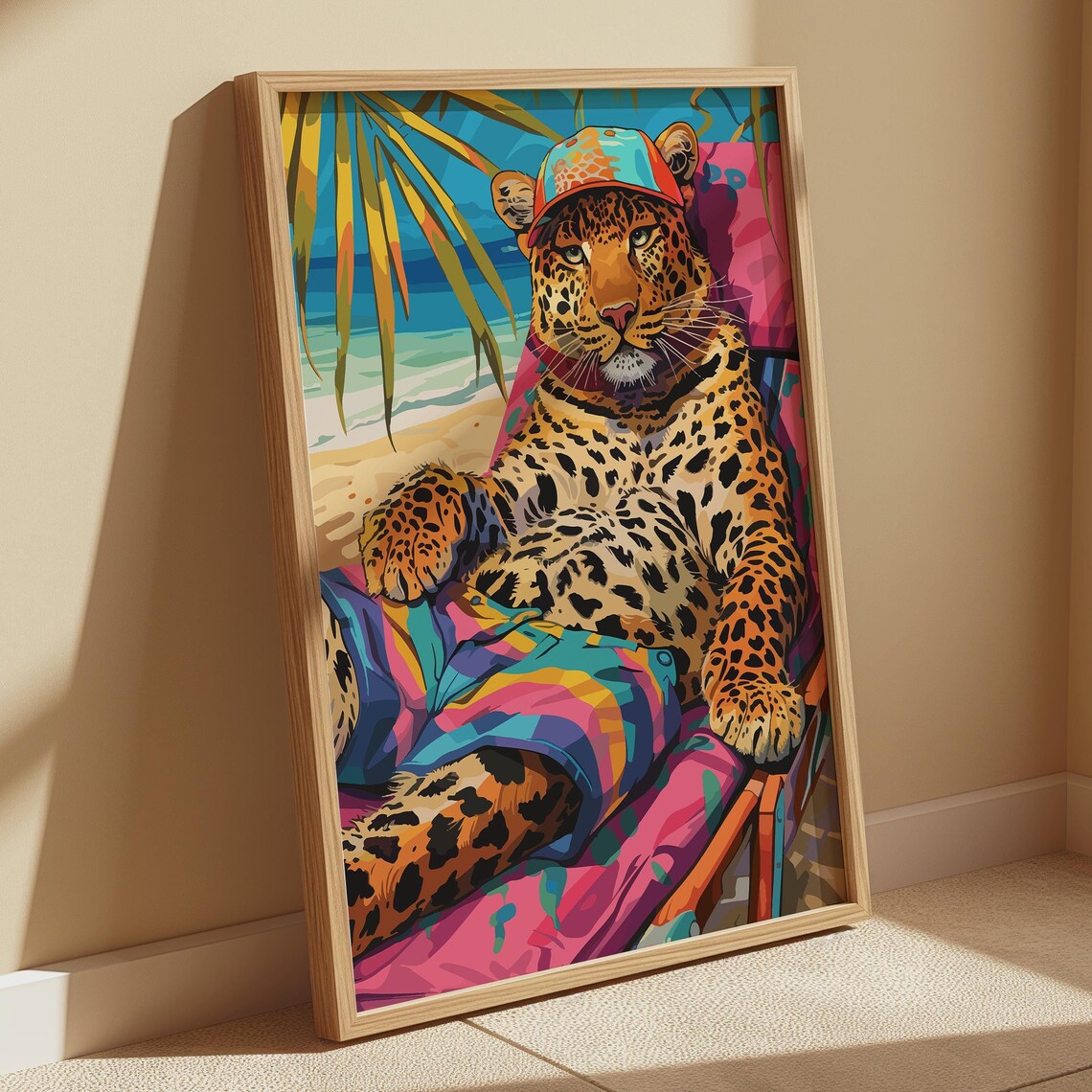 Leopard in Cap and Swim Shorts Beach Chair Tropical Funky Poster