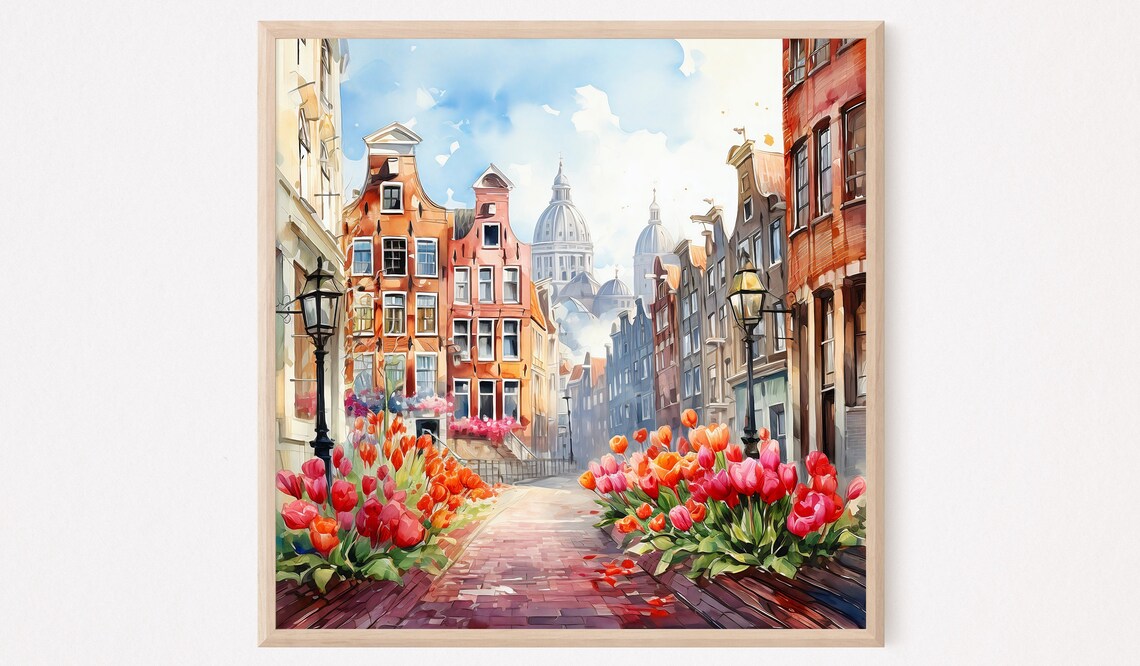 Amsterdam Canal Street Watercolor Domed Church Tulips Art Print