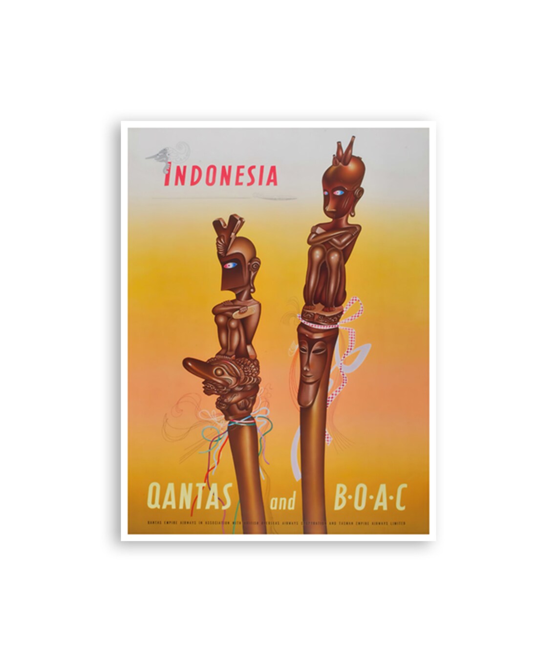 Indonesia Qantas BOAC Vintage Carved Tribal Statues Airline Poster