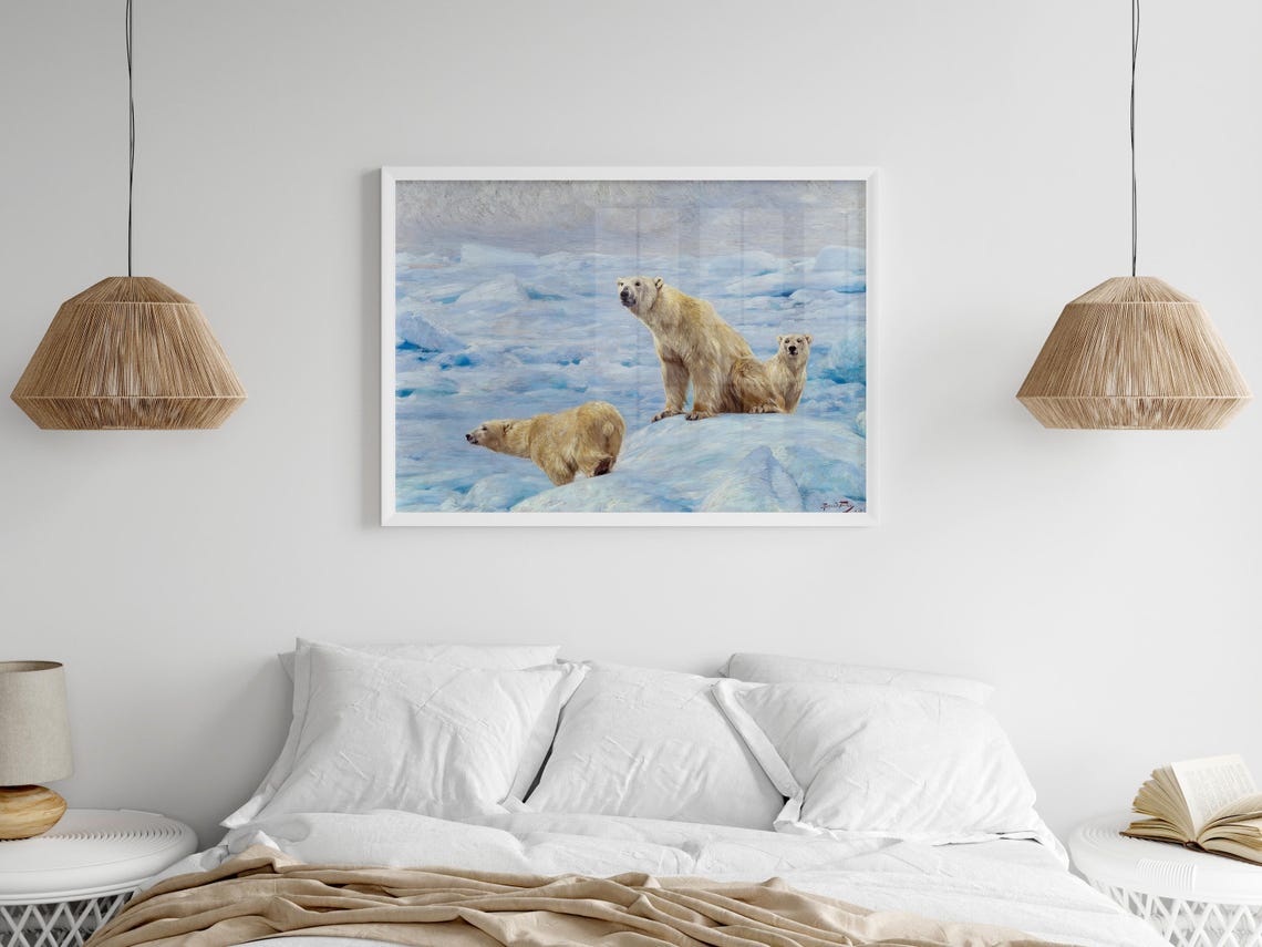 Three Polar Bears On Arctic Ice Vintage Wildlife Painting Poster - Image 5
