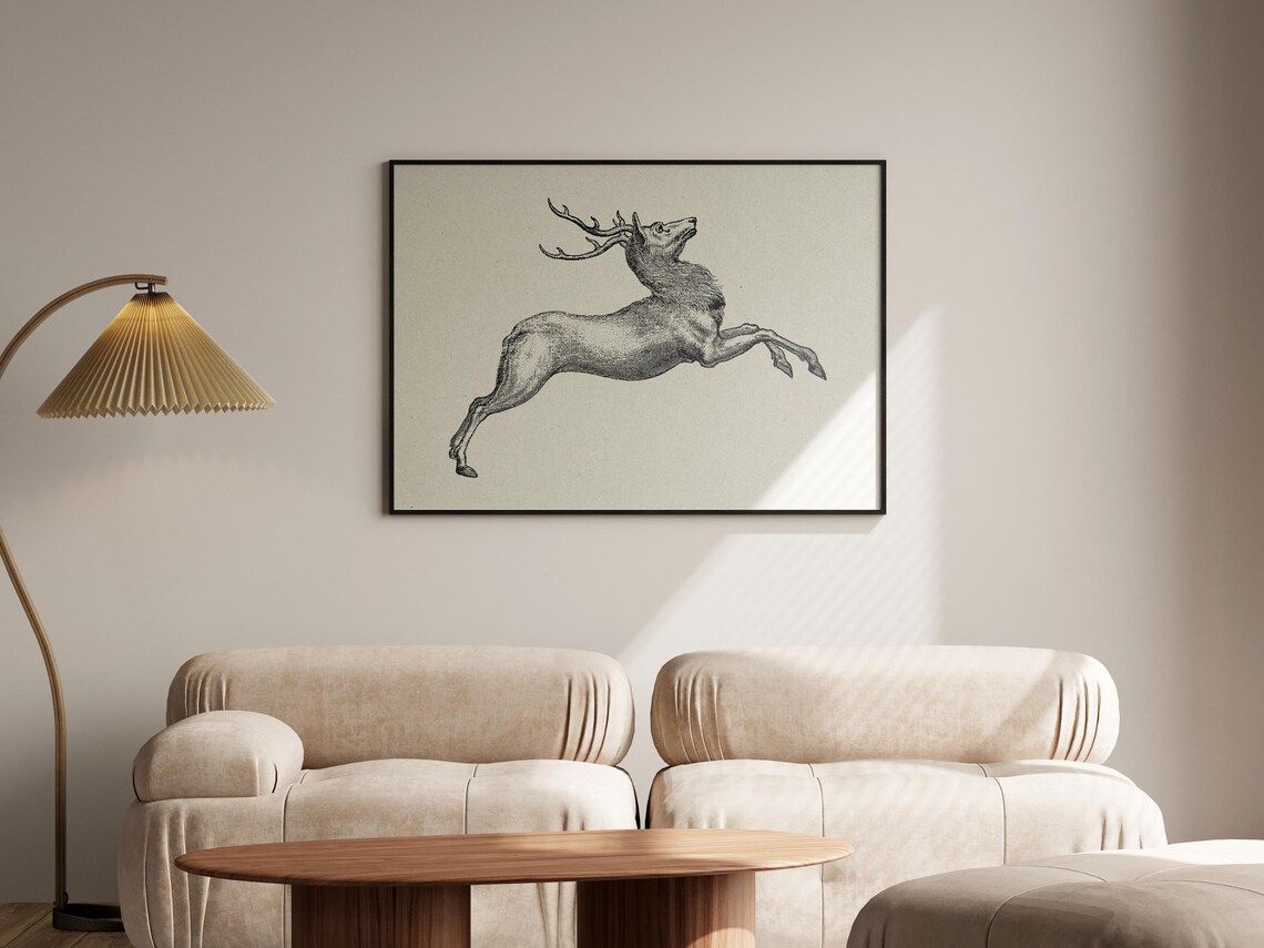 Vintage Leaping Stag with Antlers Classic Wildlife Engraving Poster - Image 3