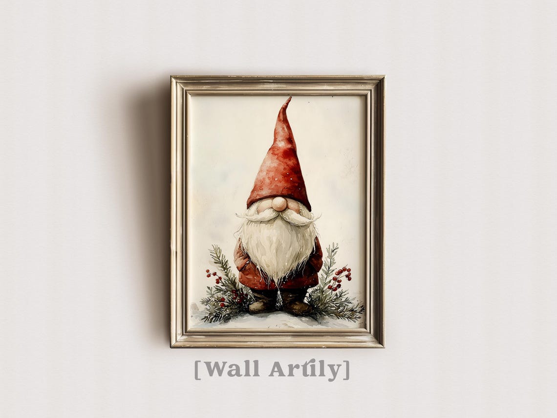 Christmas Gnome Watercolor Tall Red Hat Pine Holiday Art Poster - Image 5