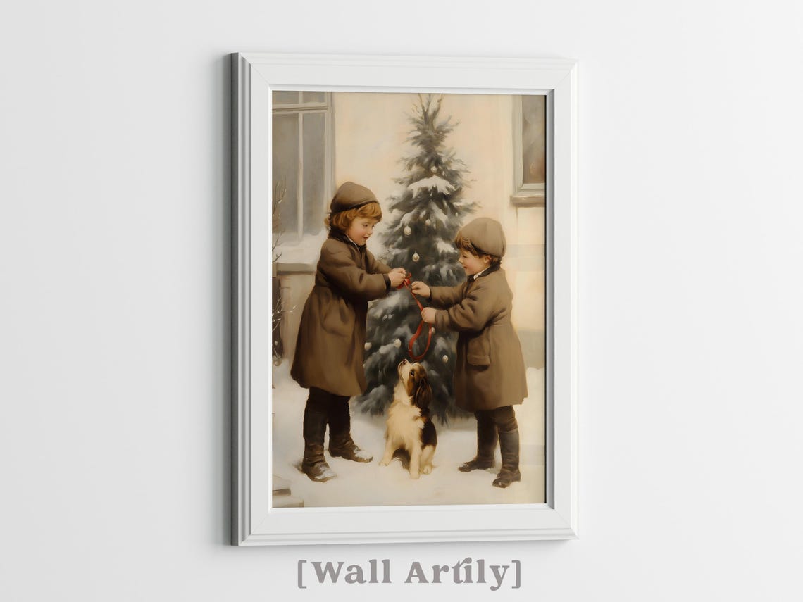 Vintage Children Decorating Christmas Tree Puppy Holiday Art Poster - Image 4