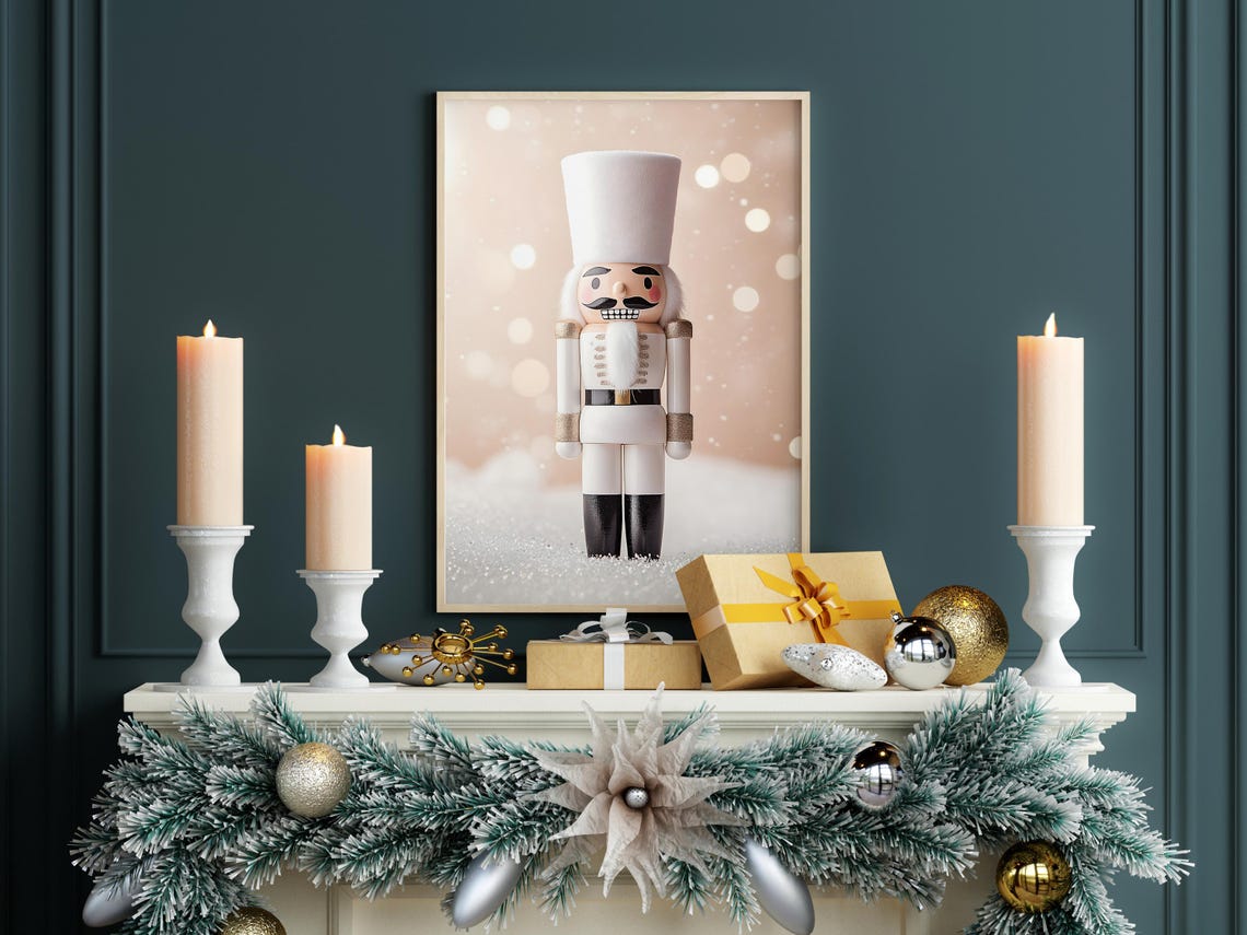 White Nutcracker Soldier Blush Pink Snowfall Christmas Poster - Image 6