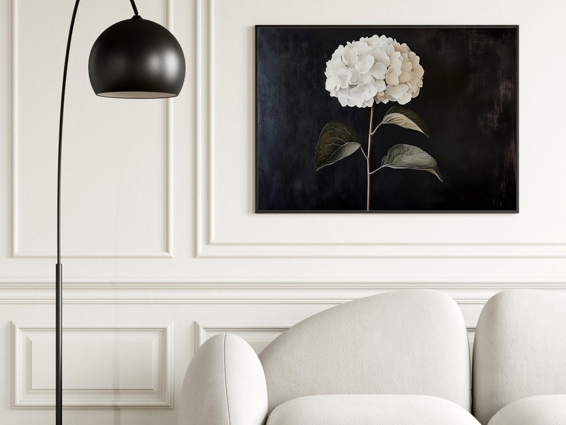 White Hydrangea Moody Dark Background Floral Botanical Poster - Image 7