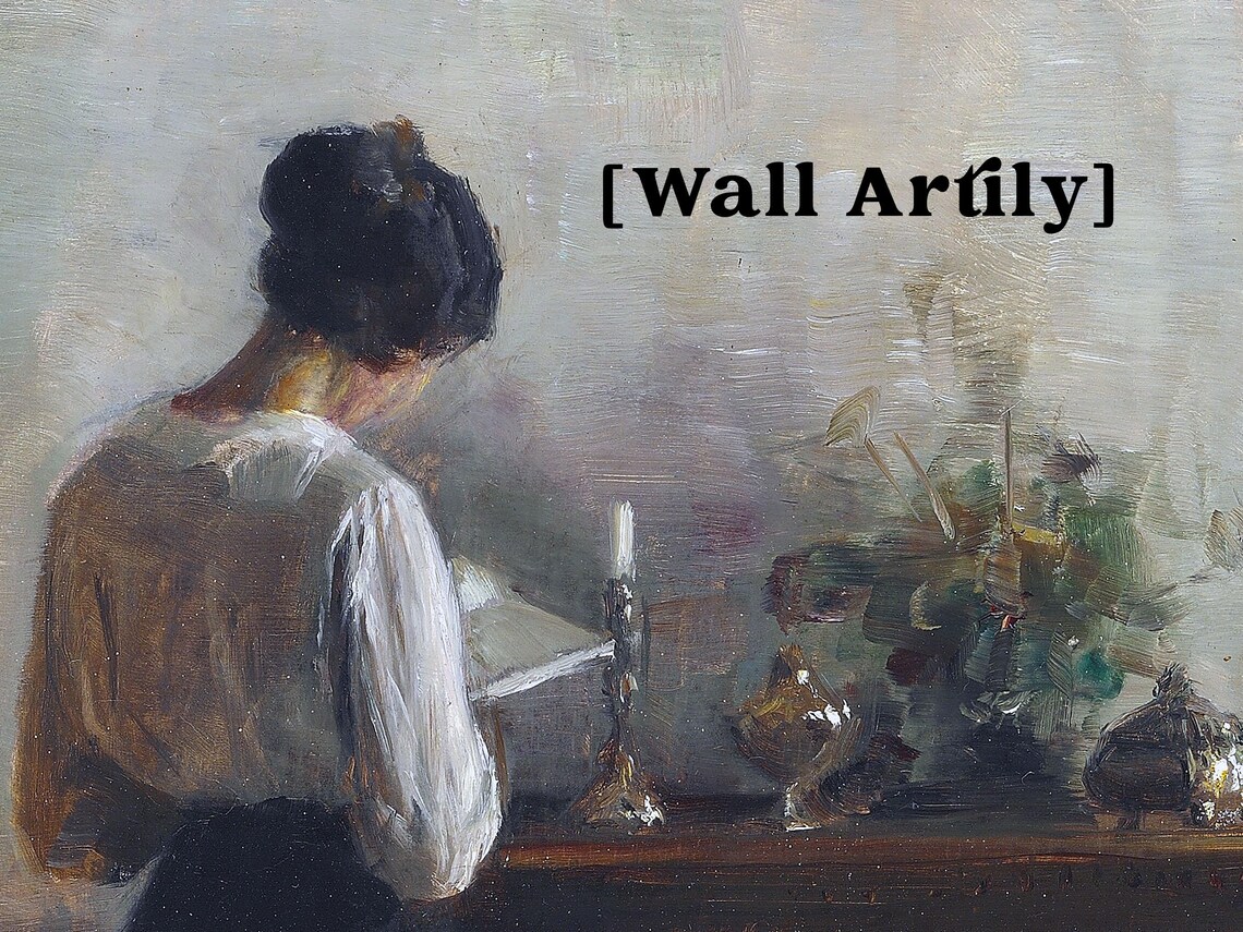 Vintage Woman Reading By Candlelight Antique Interior Oil Art Poster - Image 2