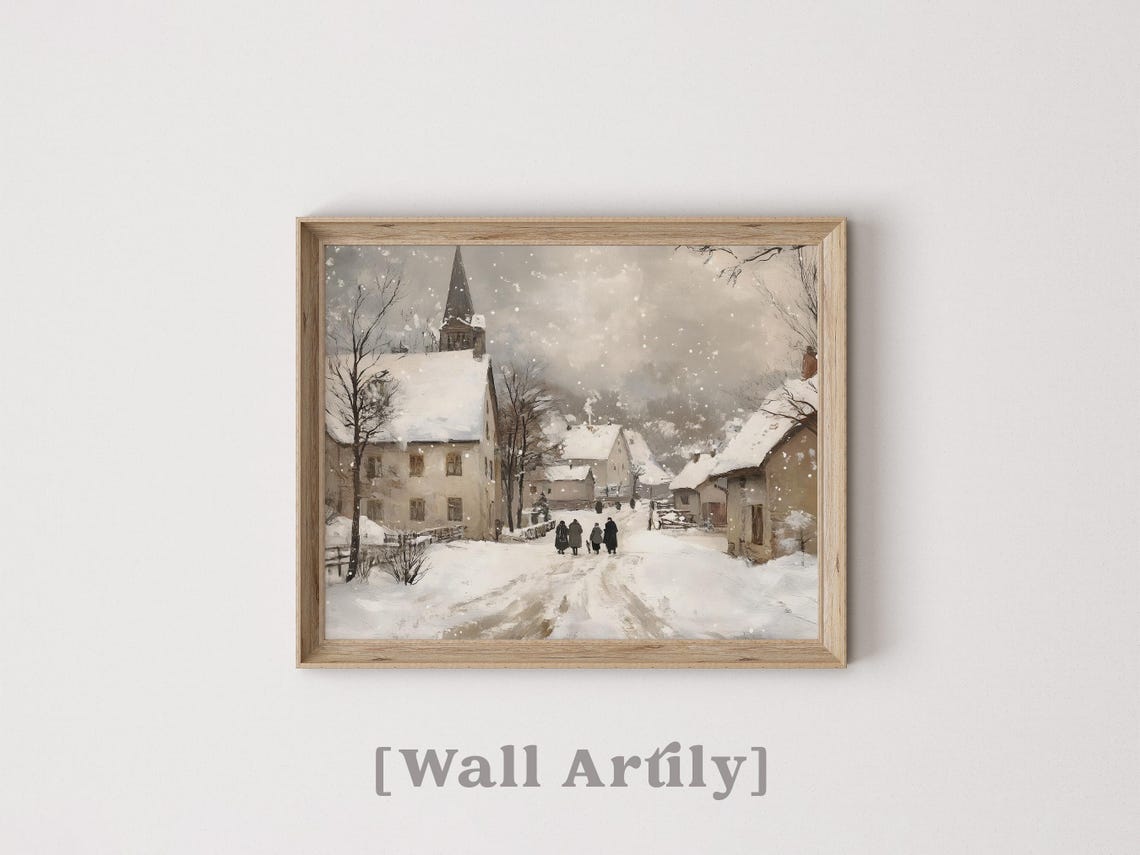 Snowy Church Village With Villagers Walking In Falling Snow Poster - Image 3