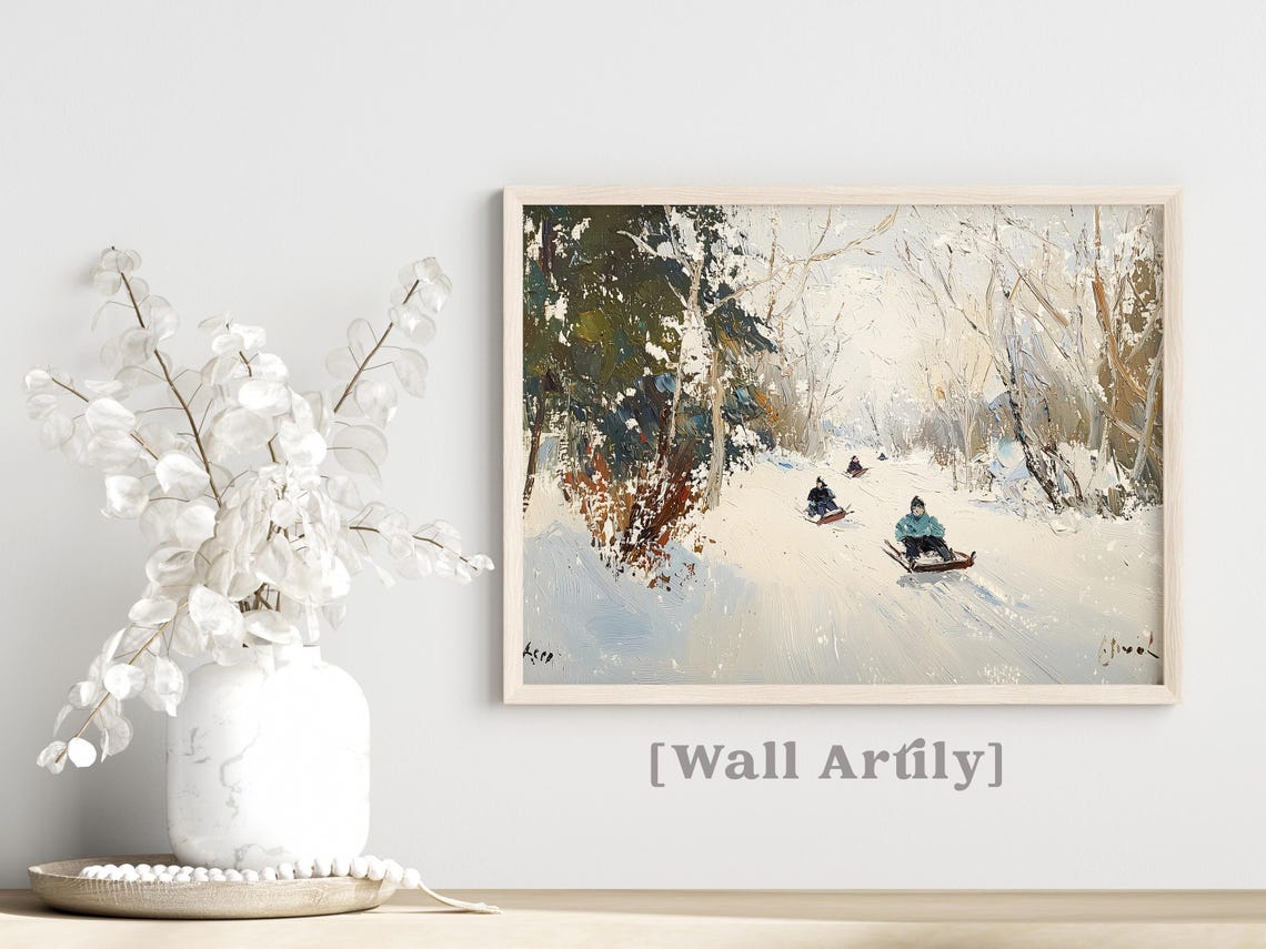 Impressionist Children Sledding Down A Snowy Hill Painting Poster - Image 3