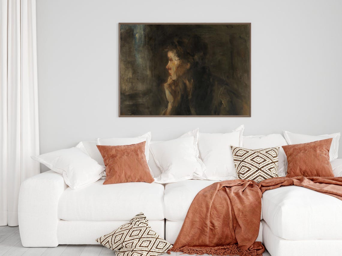 Vintage Portrait Of A Lady Wall Art Antique Oil Painting Moody Neutral Warm Farmhouse Wall Decor Print - Image 4