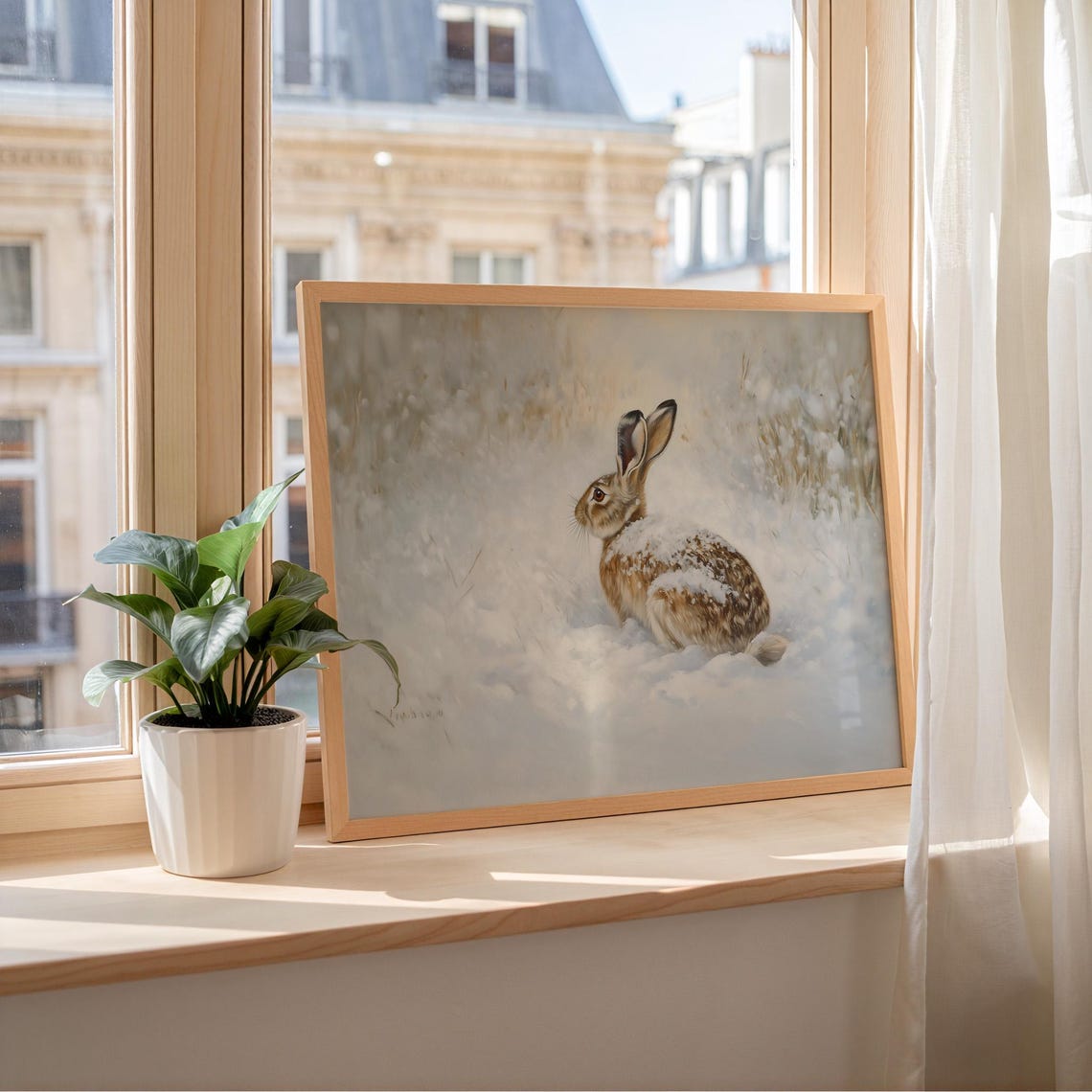 Winter Hare Portrait In Snow Close Up Wildlife Painting Poster - Image 6