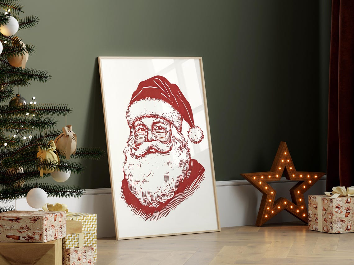 Vintage Red Line Art Santa Claus Portrait With Glasses Poster - Image 2