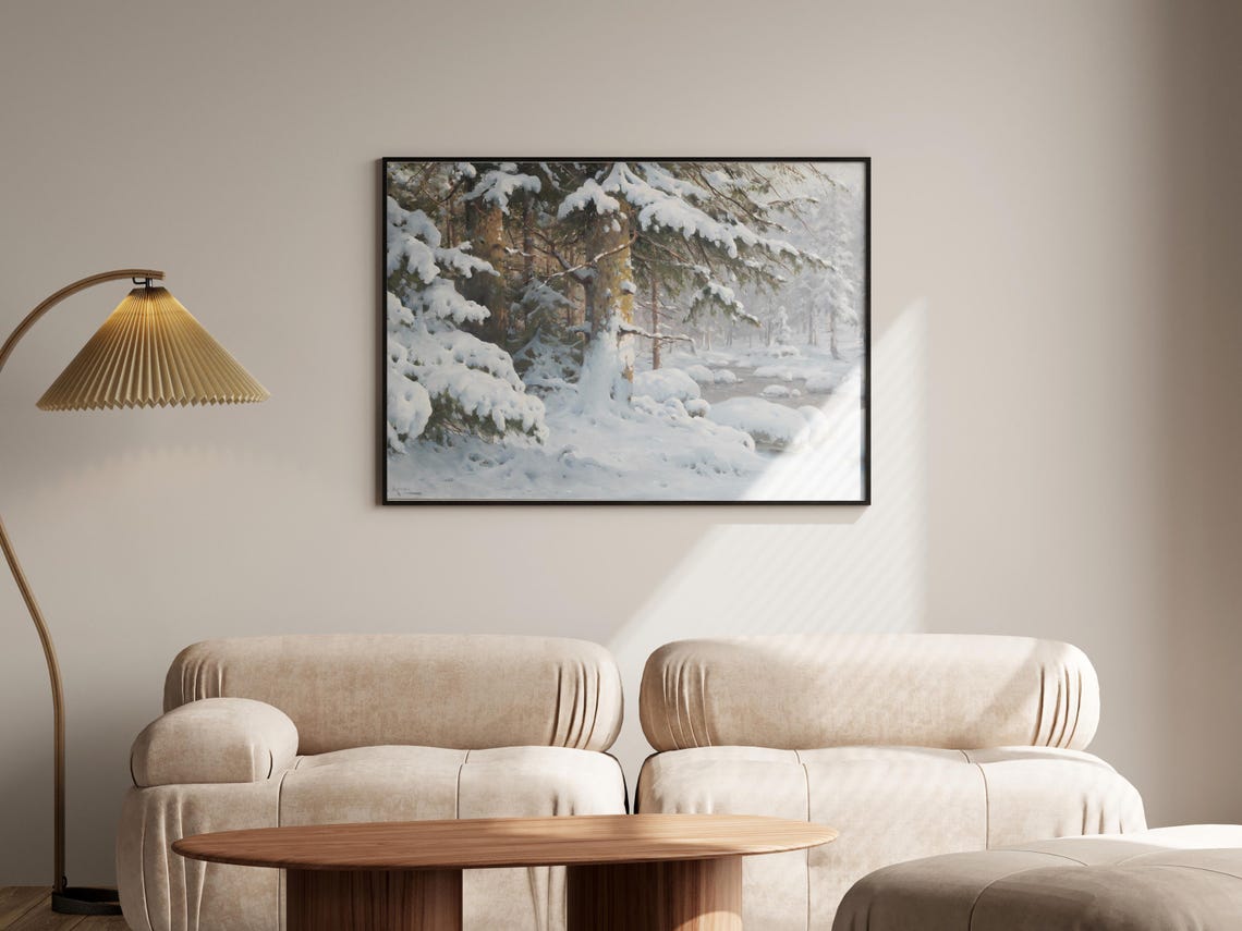 Snowy Pine Trees By A Winter River Realistic Painting Poster - Image 7
