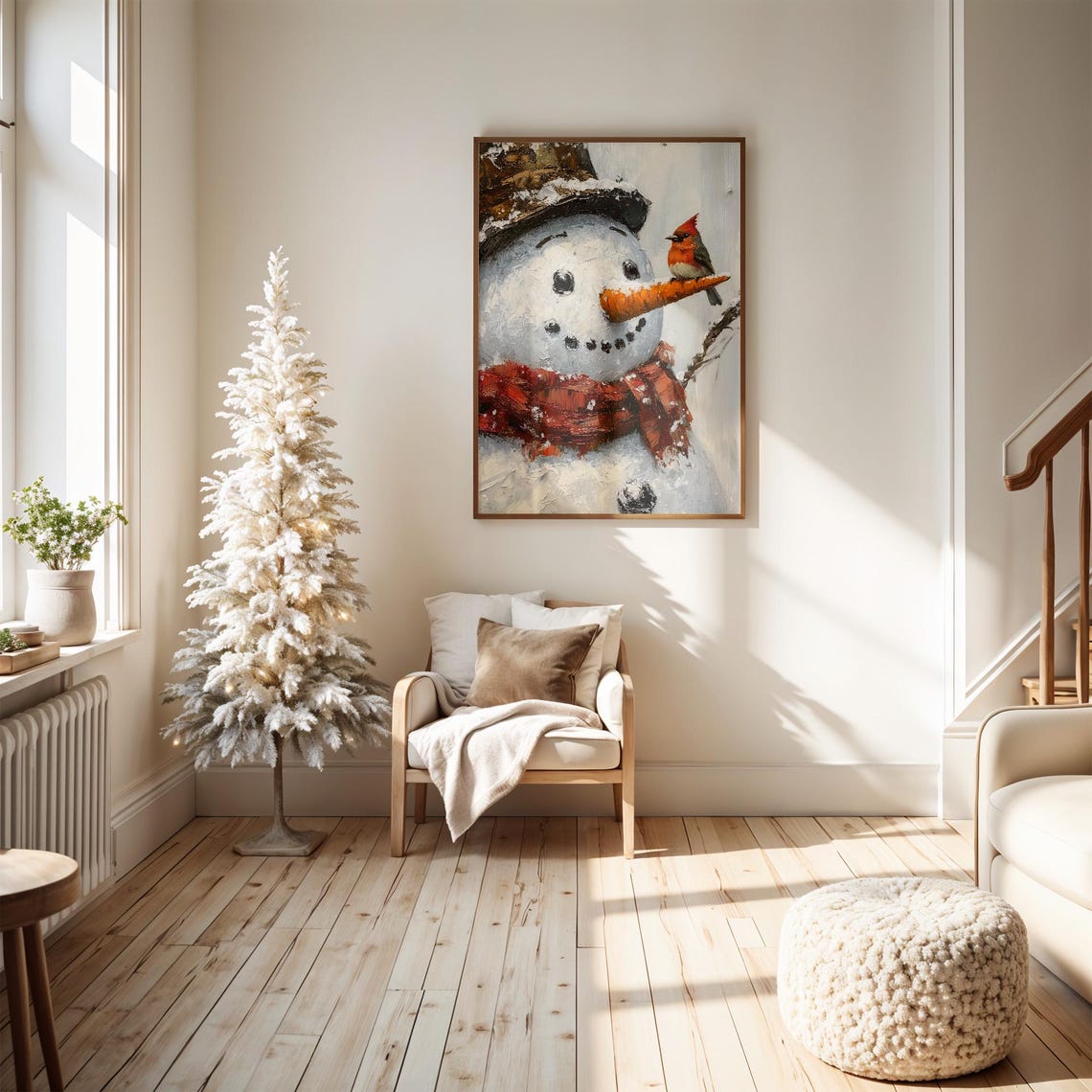 Smiling Snowman Face With Bird Perched On Carrot Nose Poster - Image 5
