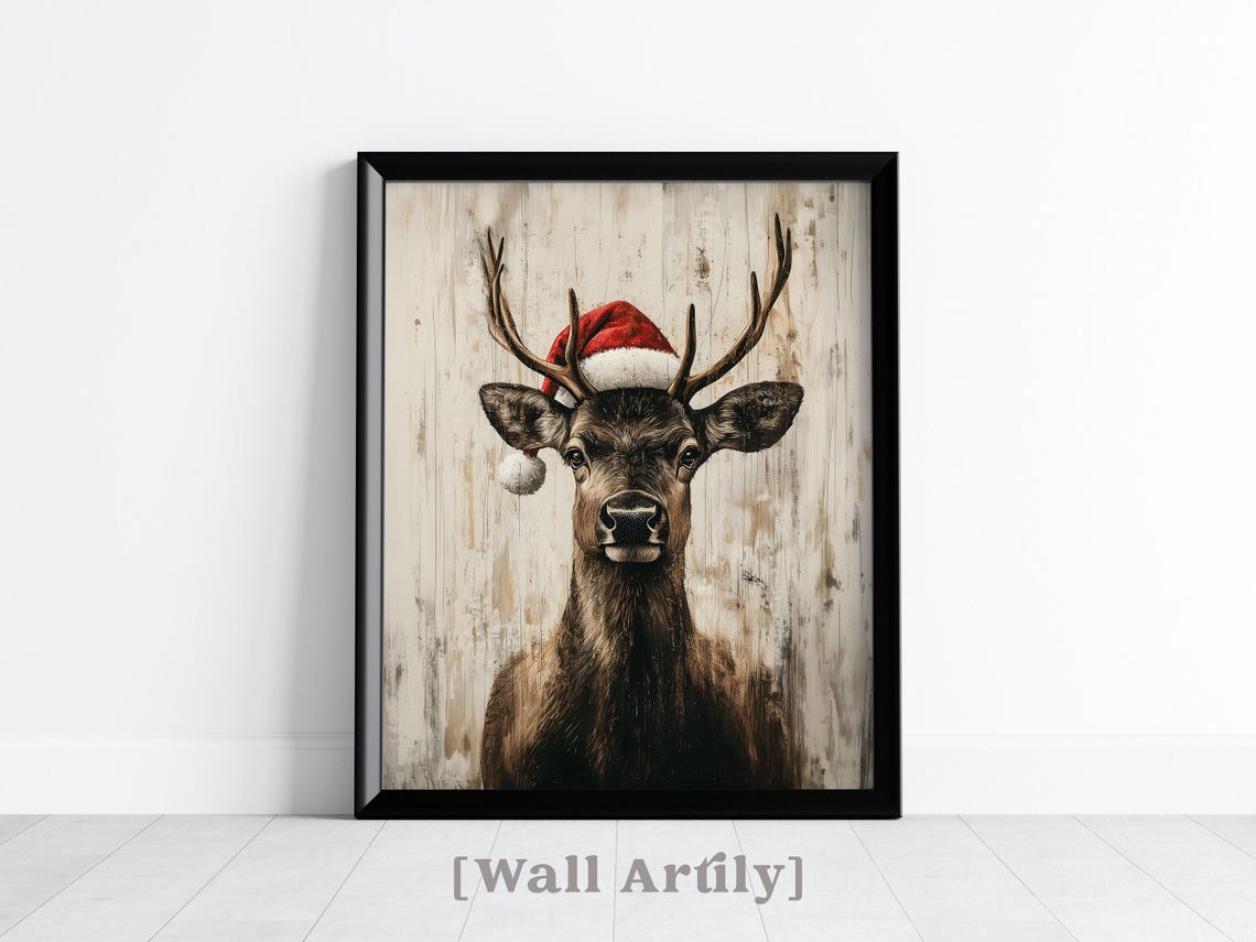 Reindeer Wearing Santa Hat Rustic Christmas Wood Sign Style Poster - Image 3