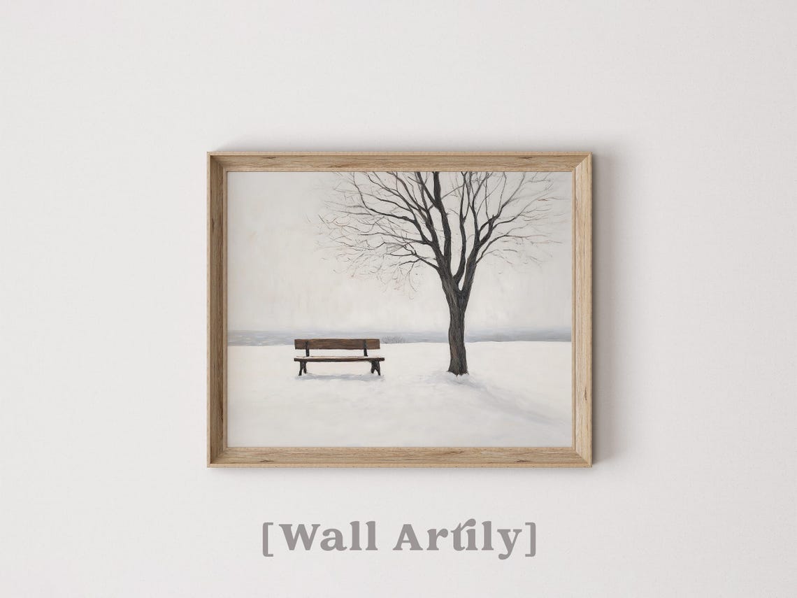 Snowy Park Bench Bare Tree Minimalist Winter Landscape Poster - Image 2