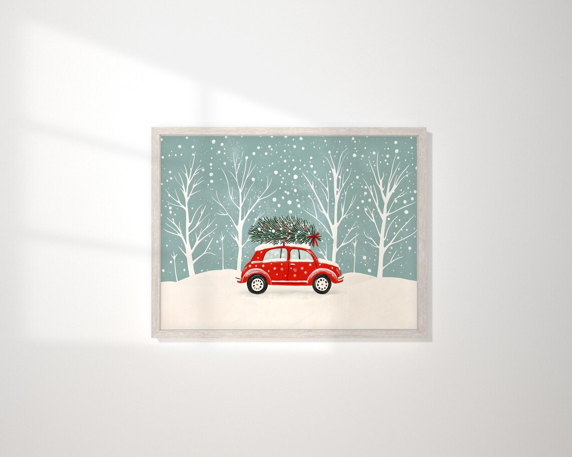 Red Retro Car Christmas Tree Roof Snowfall Vintage Auto Poster - Image 5