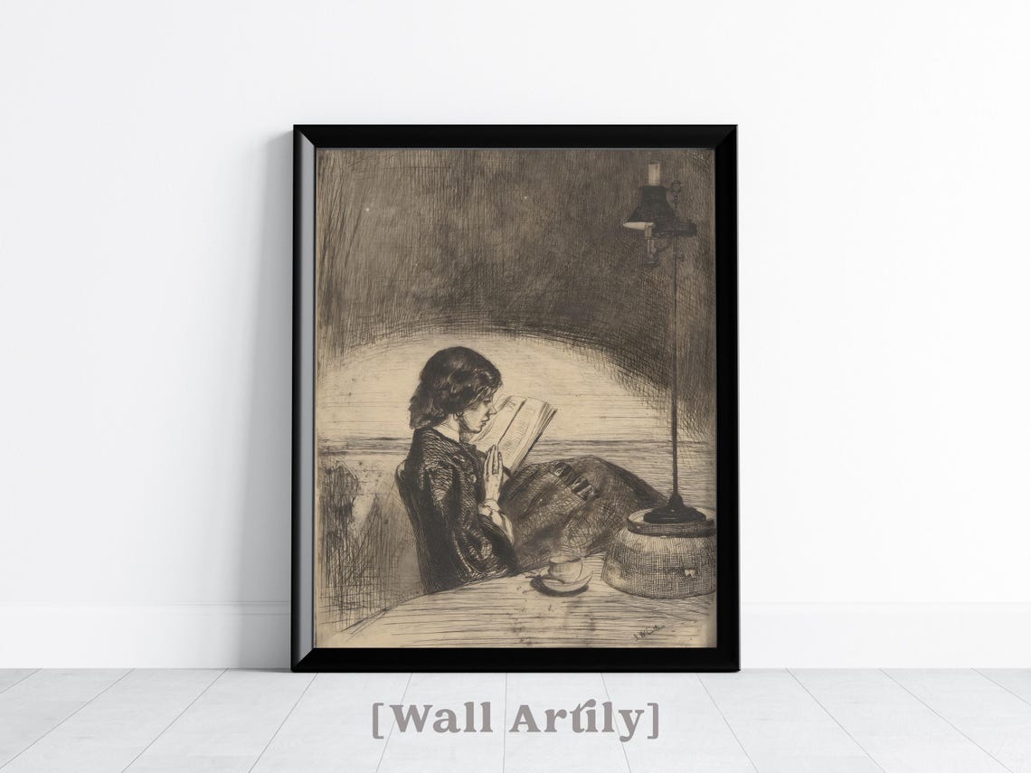 Antique Sketch Of Woman Reading By Lamplight Dark Etching Poster