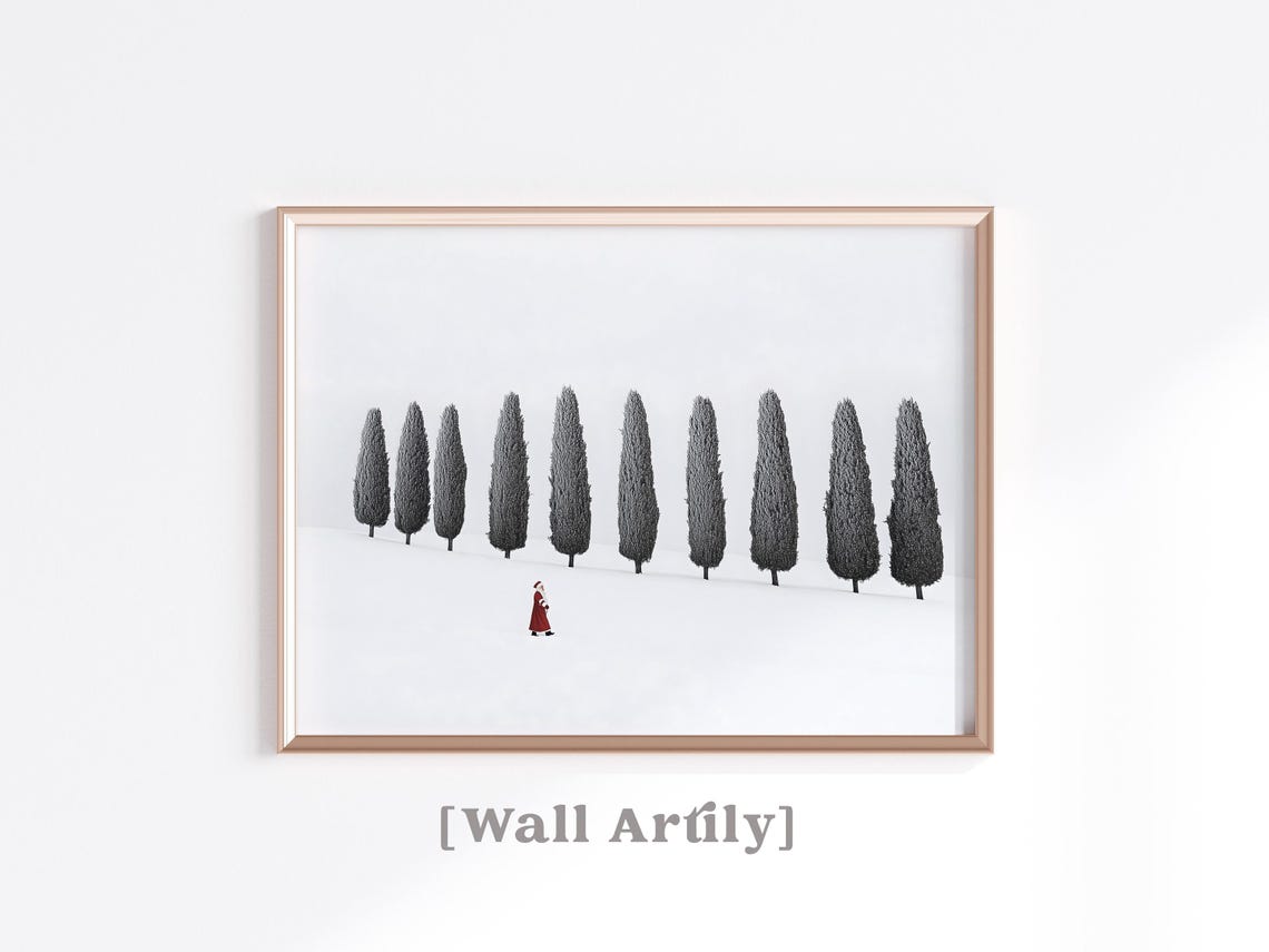 Minimalist Santa Claus Walking Past Cypress Trees Snow Art Poster - Image 2