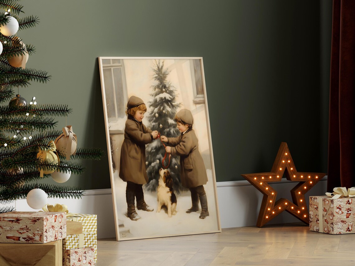 Vintage Children Decorating Christmas Tree Puppy Holiday Art Poster - Image 7
