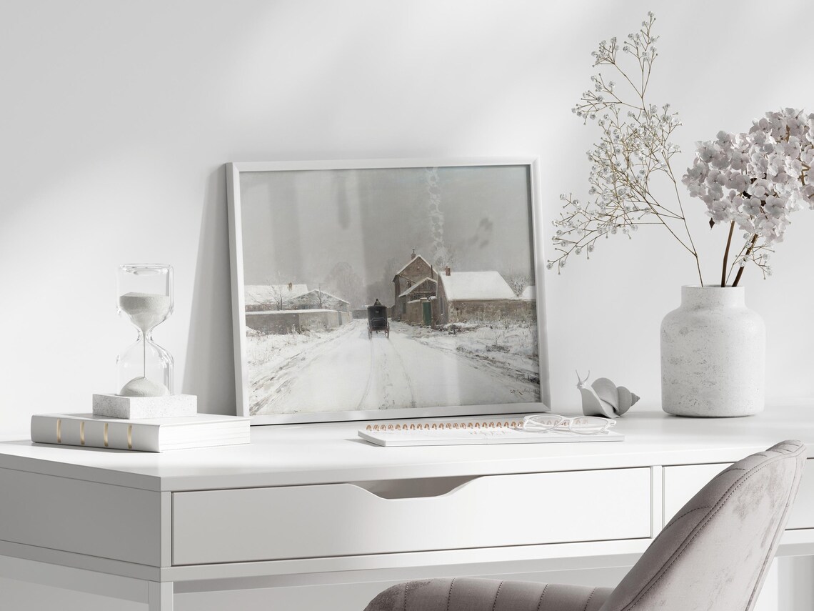 Horse Drawn Carriage On A Snowy Village Road Winter Painting Poster - Image 3