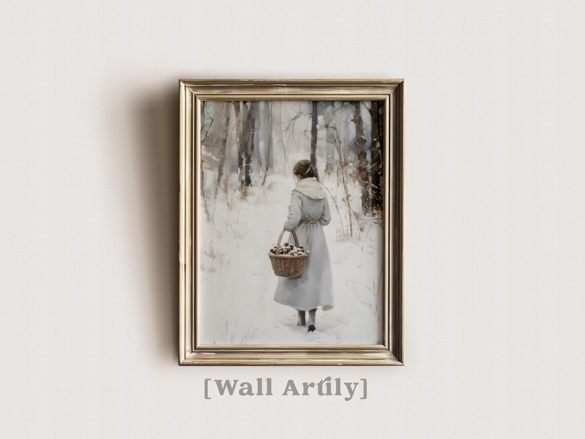 Woman Carrying Basket Of Pinecones Snowy Forest Vintage Art Poster - Image 5