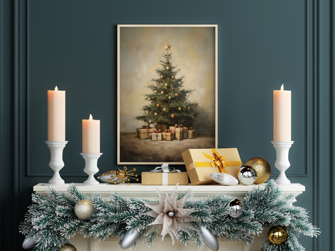 Vintage Christmas Tree Presents Oil Painting Holiday Decor Poster - Image 7
