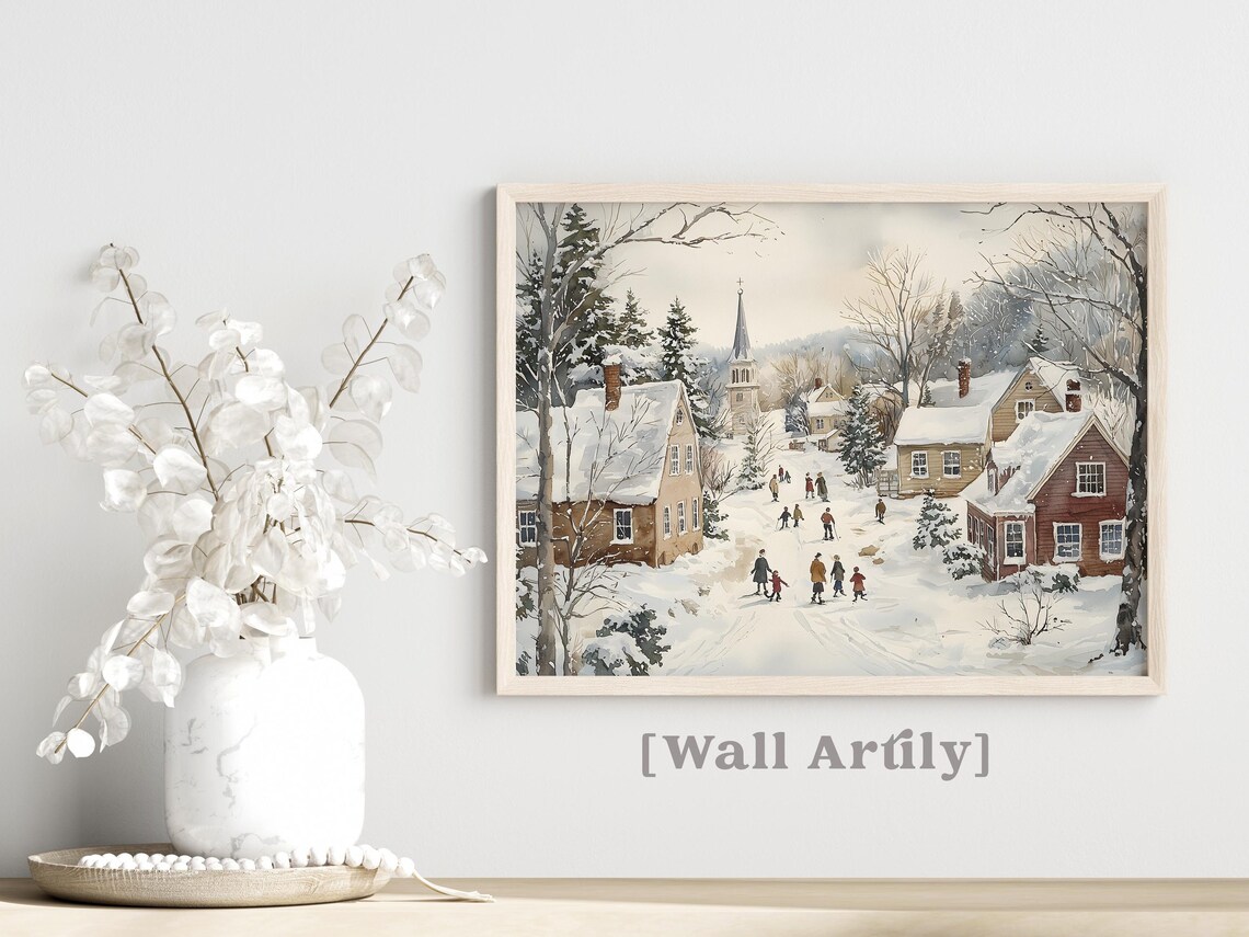 Snowy Village Street With Church And Houses Winter Watercolor Poster - Image 6