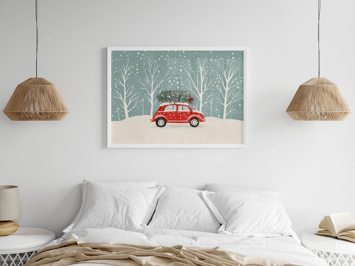 Red Retro Car Christmas Tree Roof Snowfall Vintage Auto Poster - Image 6