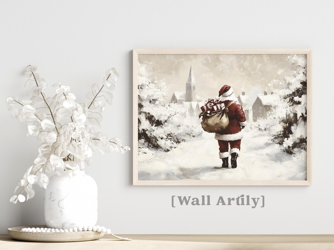 Santa Claus Carrying Gifts Into Snowy Village Winter Scene Poster - Image 3