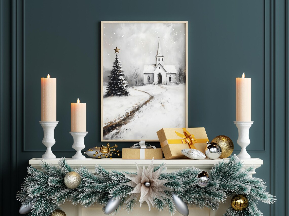 Vintage Snowy White Church And Christmas Tree Winter Painting Poster - Image 5